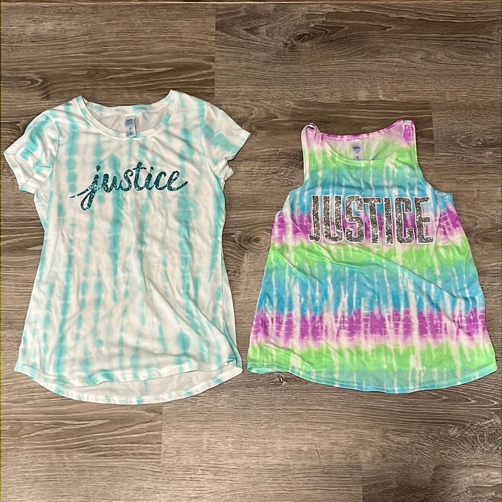Lot of 2 Justice Rie Dye Glitter Logo Shirts T shirt & tank top